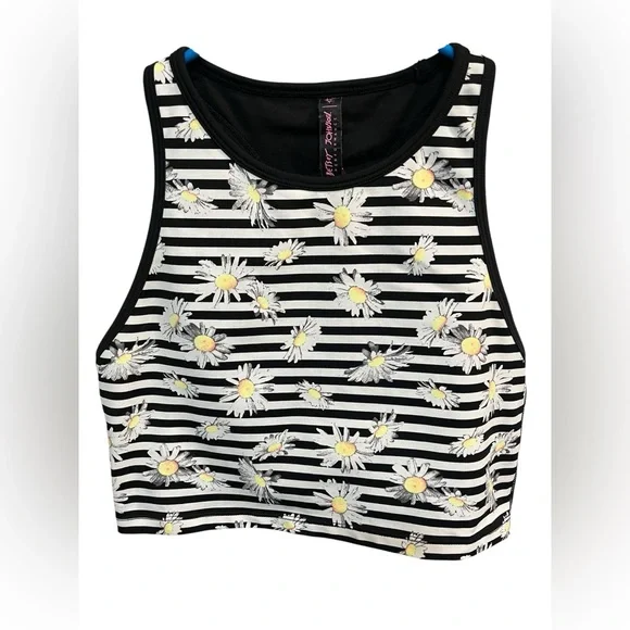 Betsey Johnson Black and White Stripped w/ Daisy Print Crop Tank - Small - Picture 1 of 8